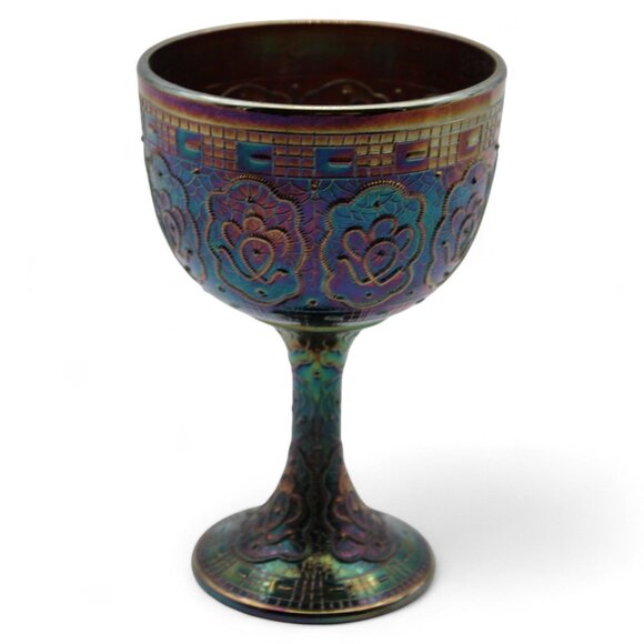 Fenton Persian Medallion Carnival Glass Iridescent 7" Pedestal Goblet Vase - Picture 2 of 8